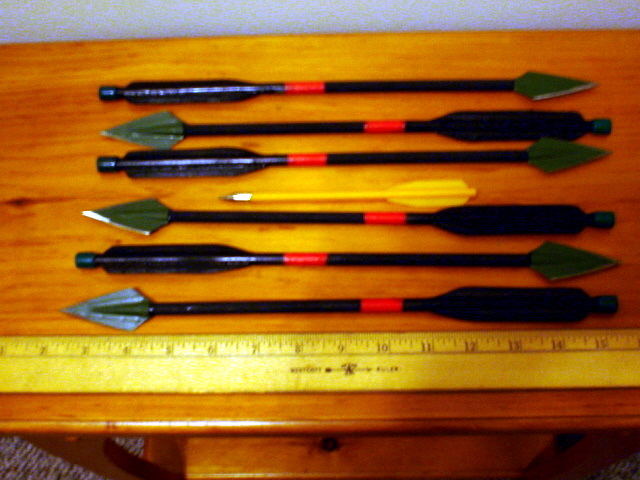 035 fifteen sixteens by 12 in with broadhead points compared to standard plastic bolt.JPG