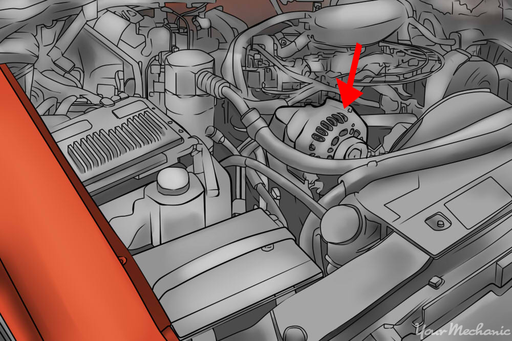 3 - How to Check an Alternator alternator being pointed out with an arrow inside the engine.jpg