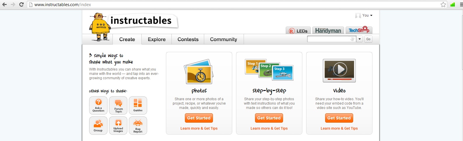 3. Press Create to start an instructable. You can choose between Photos-Step by step-Video.jpg