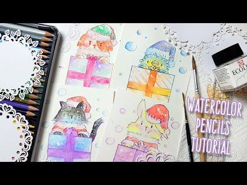 4 DIY CHRISTMAS CARDS IDEAS WITH WATERCOLOR PENCILS - KAWAII ANIMALS