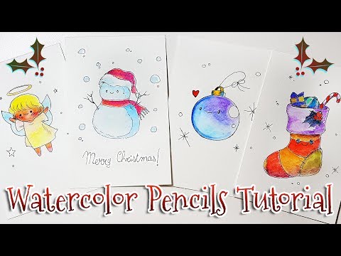 4 DIY CHRISTMAS WATERCOLOR PENCILS CARDS | KAWAII DRAWINGS