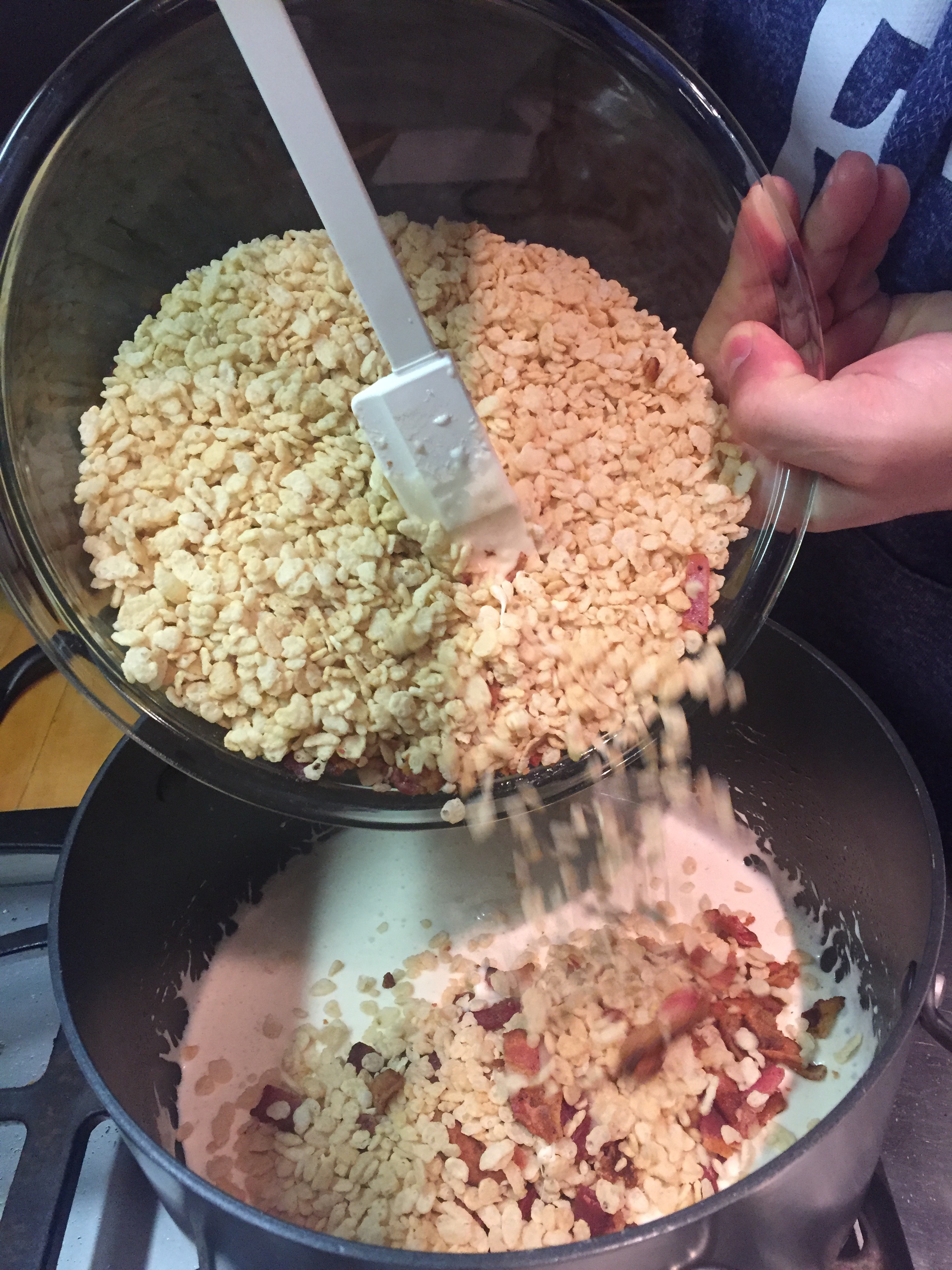 Add Bacon and Rice Krispies to Pot .JPG