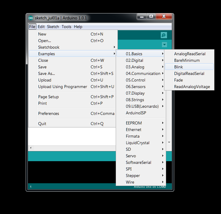 Arduino IDE Software Showing BLINK Sketch Being Selected.png