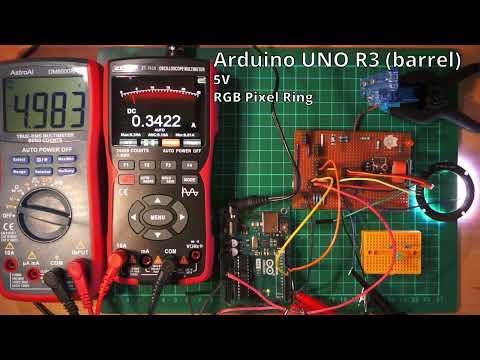 Arduino UNO R3 powering test with LEDs, MQ-3 gas sensor and servo using 7.5V on 2.1mm jack