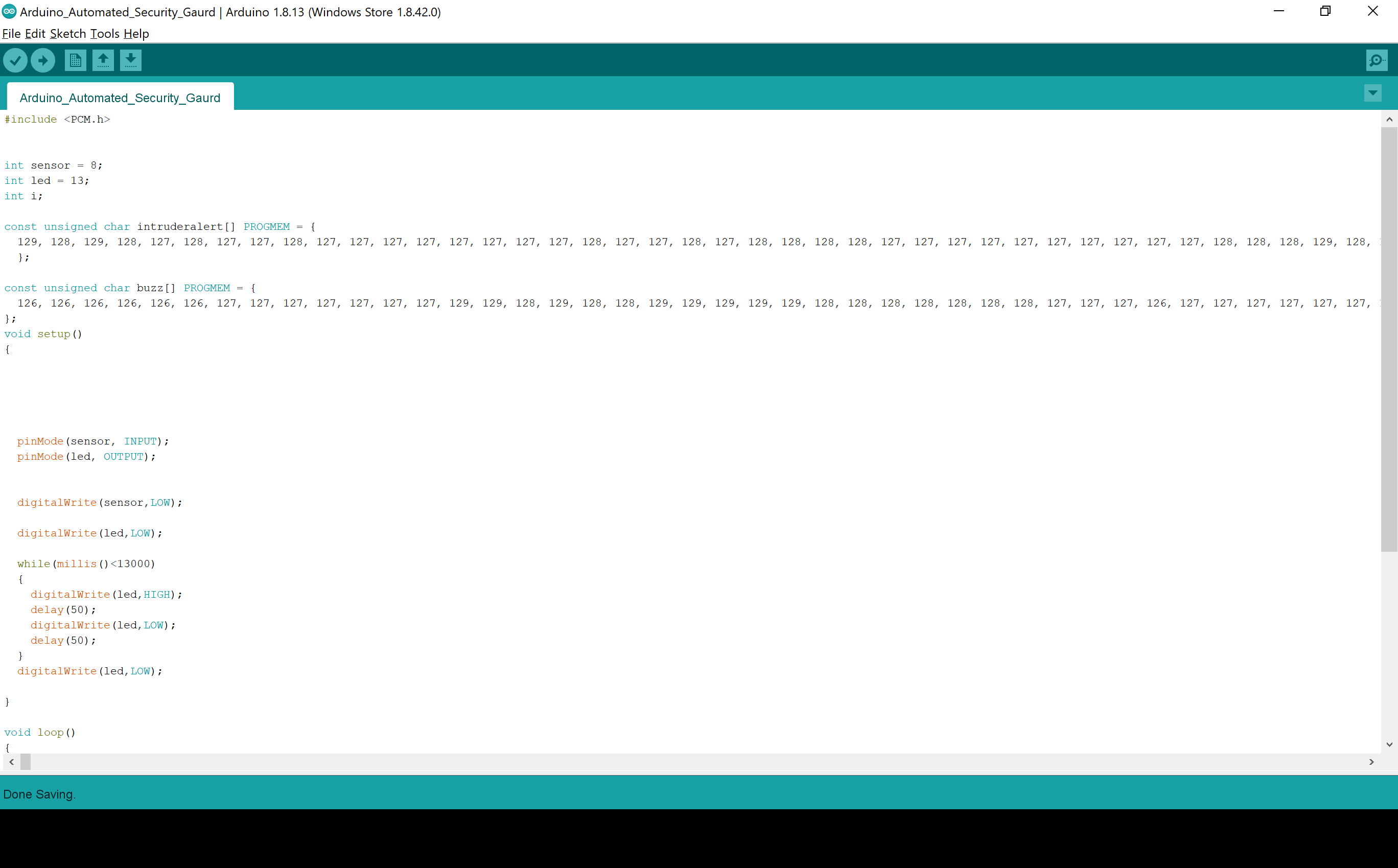 Arduino_Automated_Security_Gaurd _ Arduino 1.8.13 (Windows Store 1.8.42.0) 2_25_2021 5_03_25 PM.png