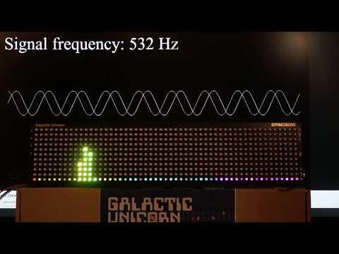 Audio spectrum analyser with sine sweep using Pimoroni Galactic Unicorn with electret microphone