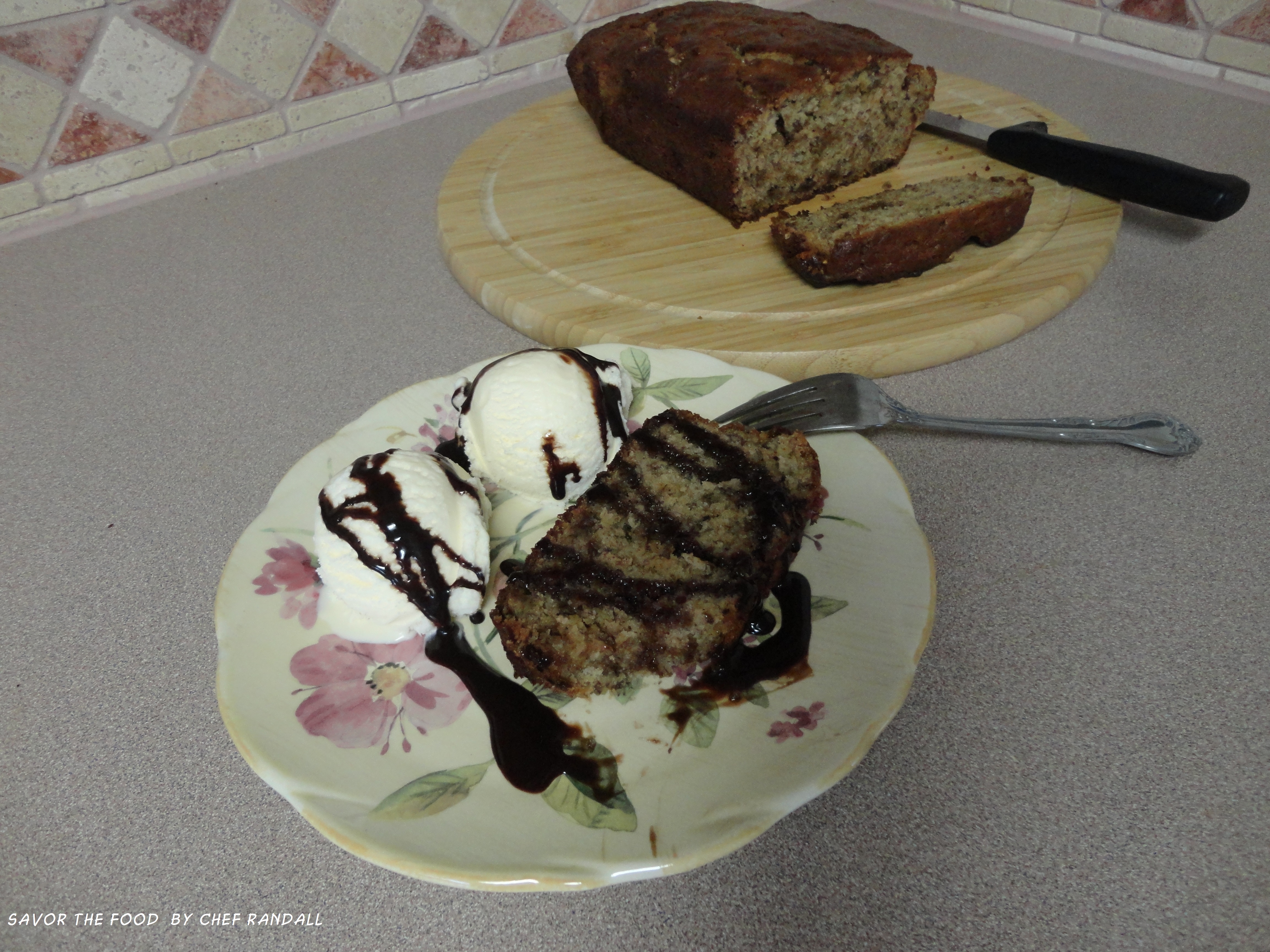 Banana Almond Chocolate Bread served with ice cream and chocolate sauce.JPG