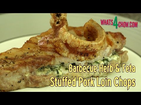 Barbecue Herb and Feta Stuffed Pork Loin Chops with Crispy Crackling