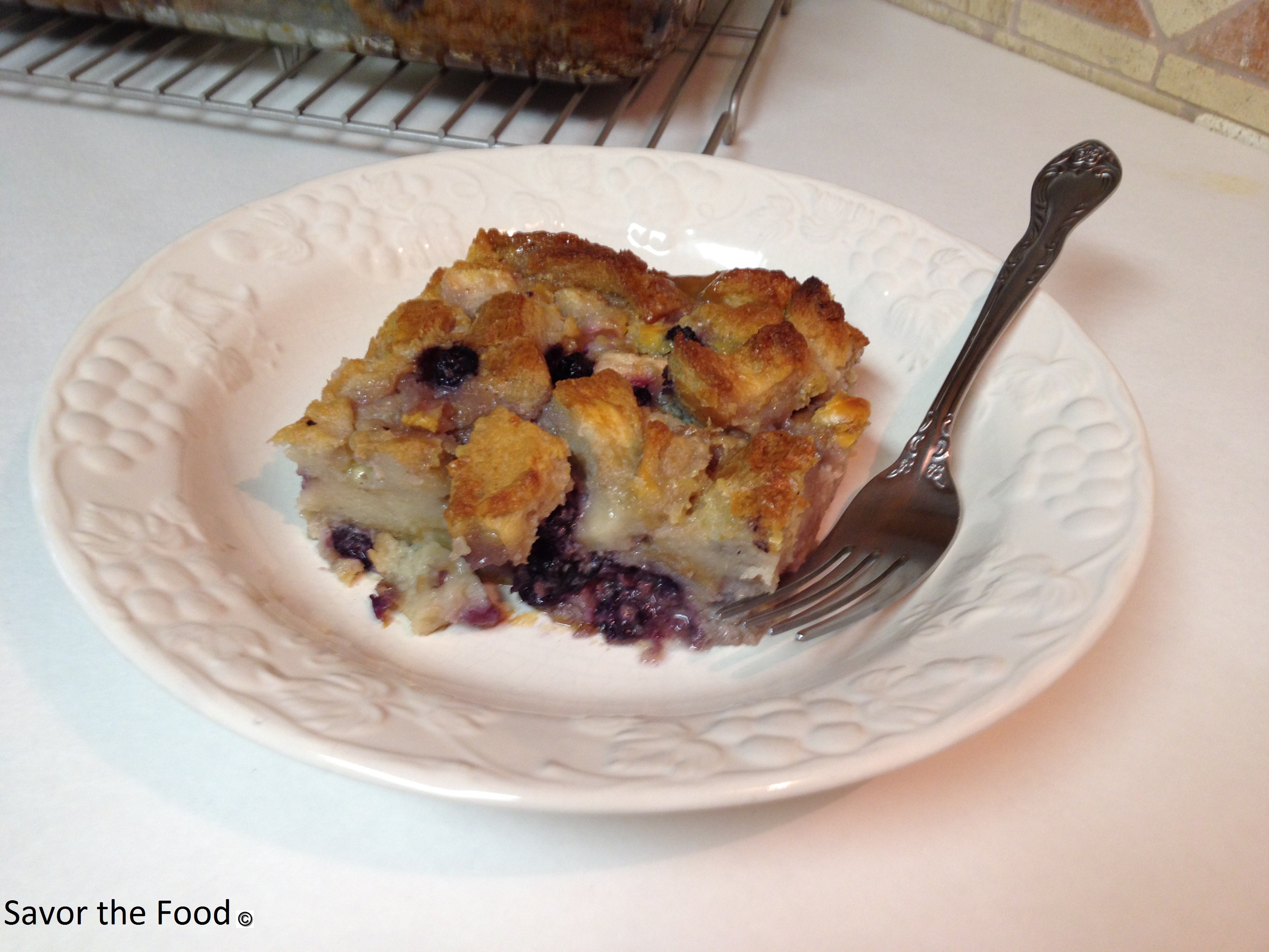 Blueberry Pear and White Chocolate Bread Pudding close-up.JPG