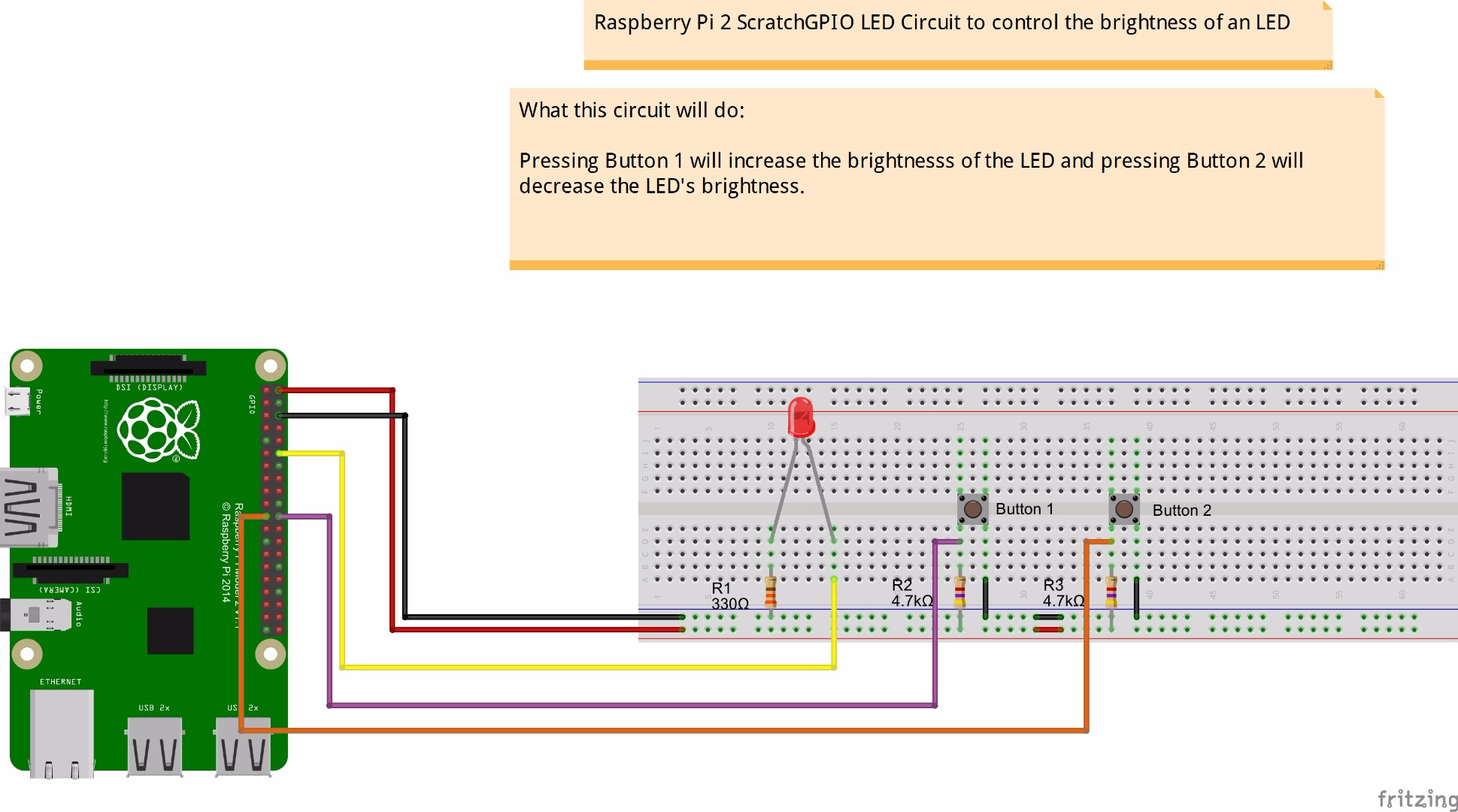 Breadboard circuit setup for an LED with 2 buttons controlling the LED's brightness..jpg