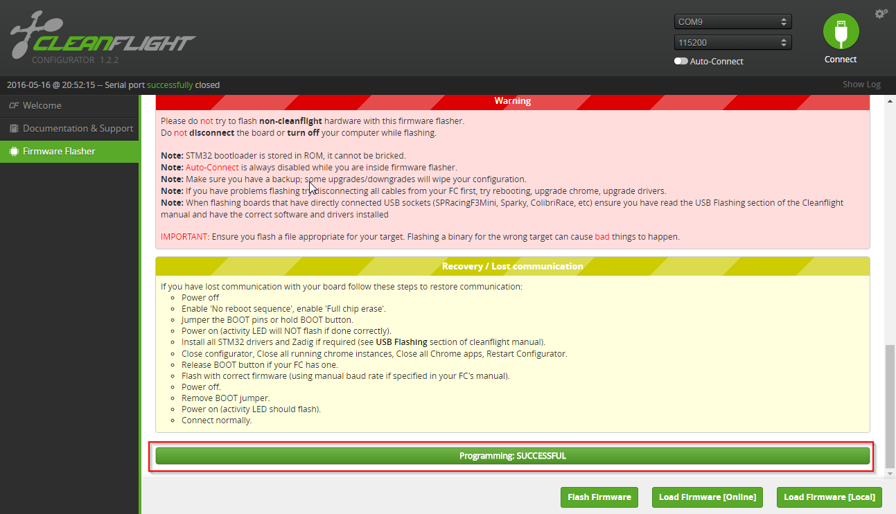 Cleanflight - Configurator - Flash Success.png