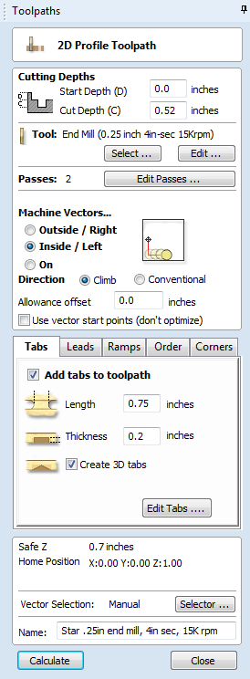 Create Profile Toolpath settings for star.jpg