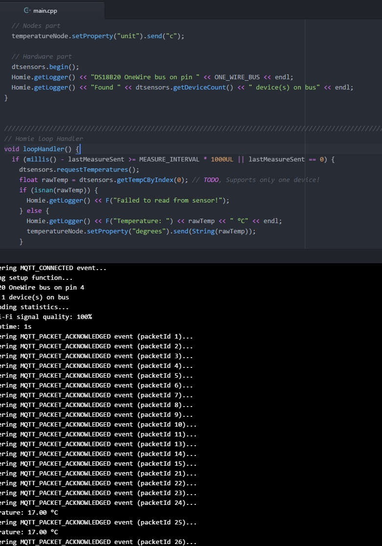 D1 Mini - DS18B20 Console output and code snippet.png