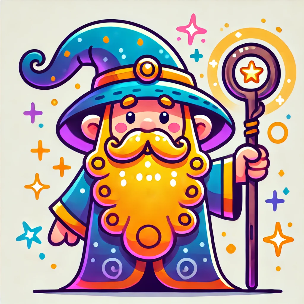 DALL&middot;E 2024-10-18 00.38.35 - A colorful cartoon wizard character with a long beard, wearing a traditional pointy hat and a flowing robe. The wizard holds a glowing staff, with mag.png