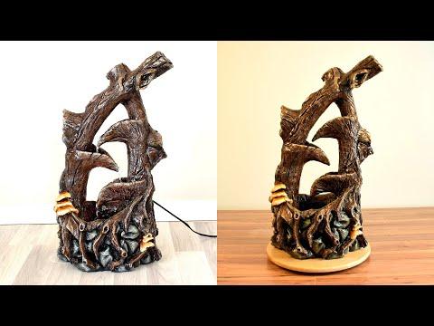 DIY Concrete Tree Water Fountain Waterfall | Cement Faux Bois &amp;amp; Fake Wood Tutorial | Cement Craft