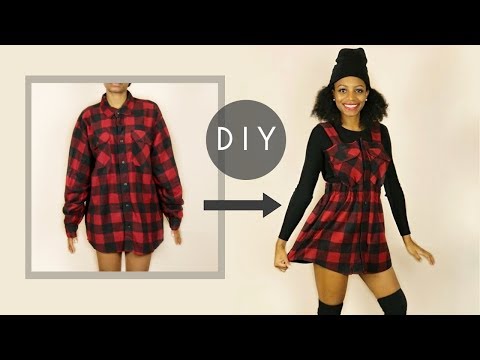 DIY Overall Dress from a Large Flannel Shirt (NO SEWING)