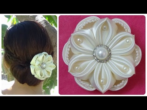 DIY kanzashi satin flower, wedding hair accessoire,kanzashi flower tutorial