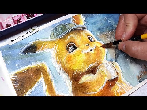 Drawing Detective Pikachu - watercolor painting