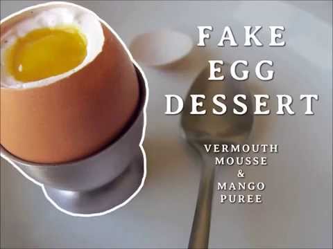 Fake Egg Dessert of Vermouth Mousse with Mango puree