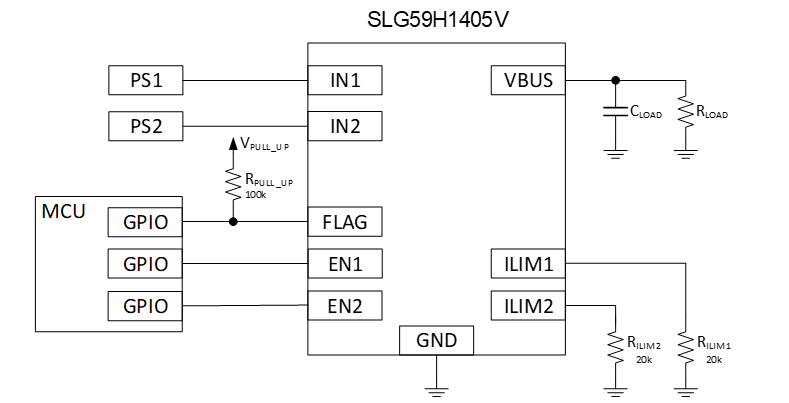 Figure 4. Connection diagram of using the SLG59H1405V in Power MUX applications.png