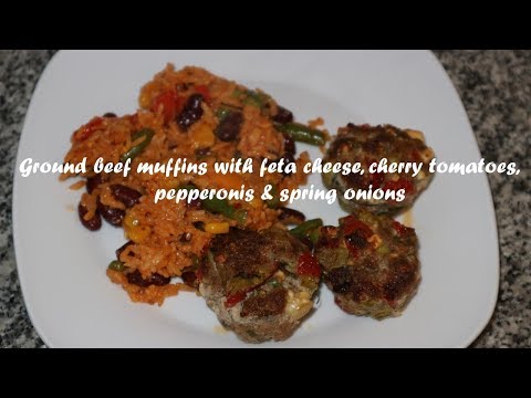 Ground beef muffins with feta cheese, cherry tomatoes, pepperonis &amp;amp; spring onions recipe