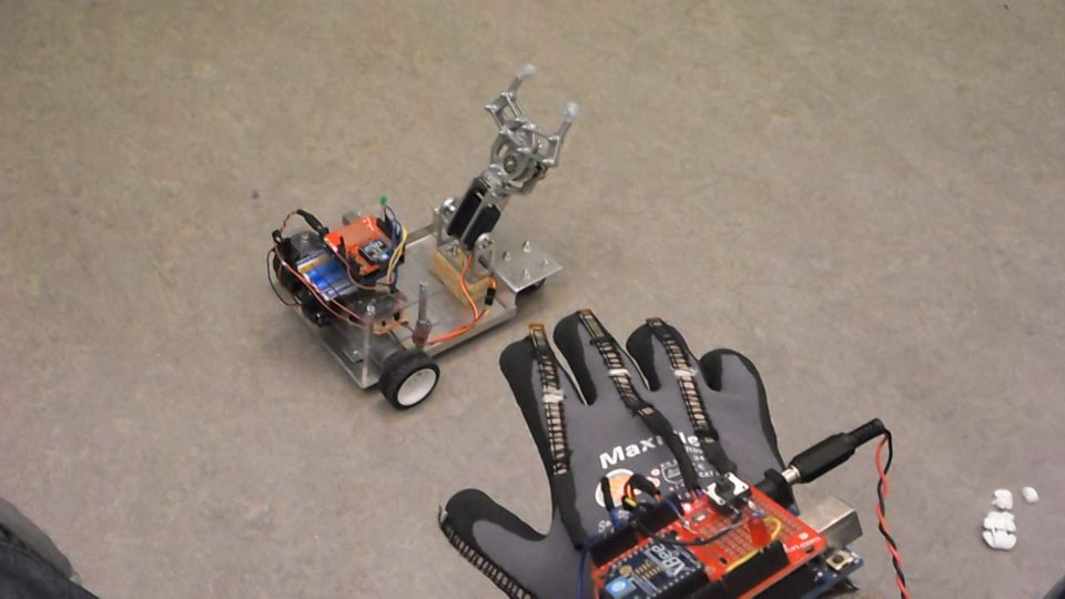 Hand gesture controlled robot with robot arm