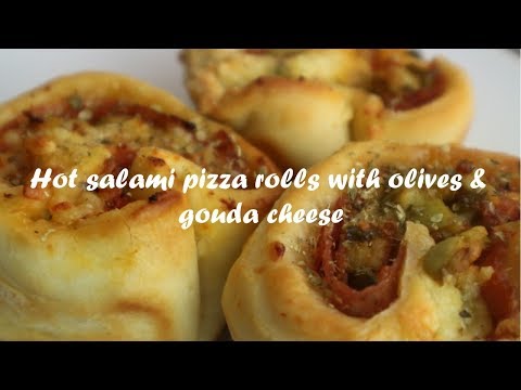 Hot salami pizza rolls with olives &amp;amp; gouda cheese recipe