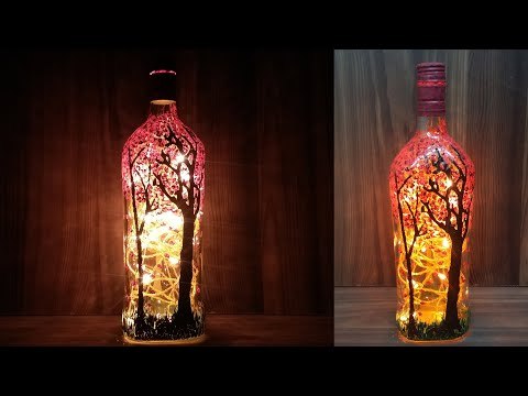 How to Make Blossoming Forest Magic Painting on Wine Bottle with Twinkle Lights |Easy Art Tutorial