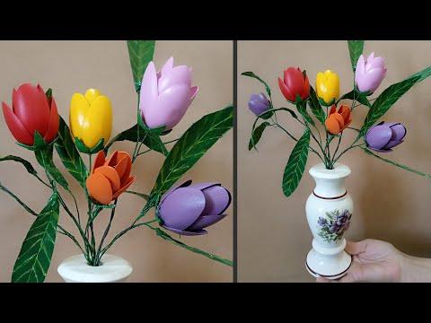 How to Make Tulip Flowers|Leaves from Plastic Bottle|Easy Art &amp;amp; Craft Tutorial