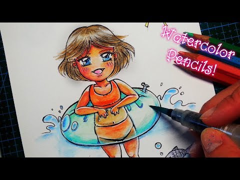 How to Use Watercolor Pencils: Draw Chibi Girl with Swim Ring