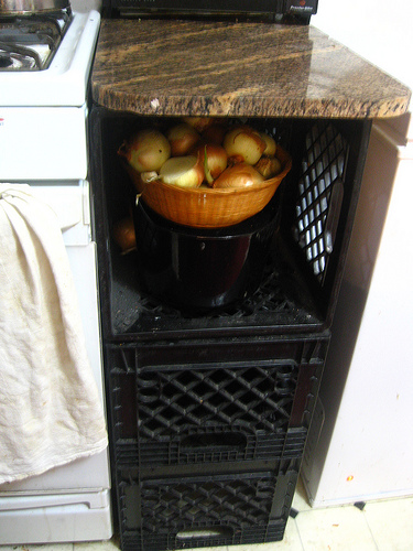 Milk Crate and Granite Slab counter top.