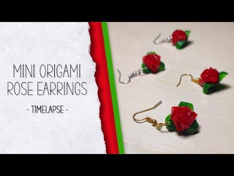 Mini origami rose earrings: red/green modules and assembly