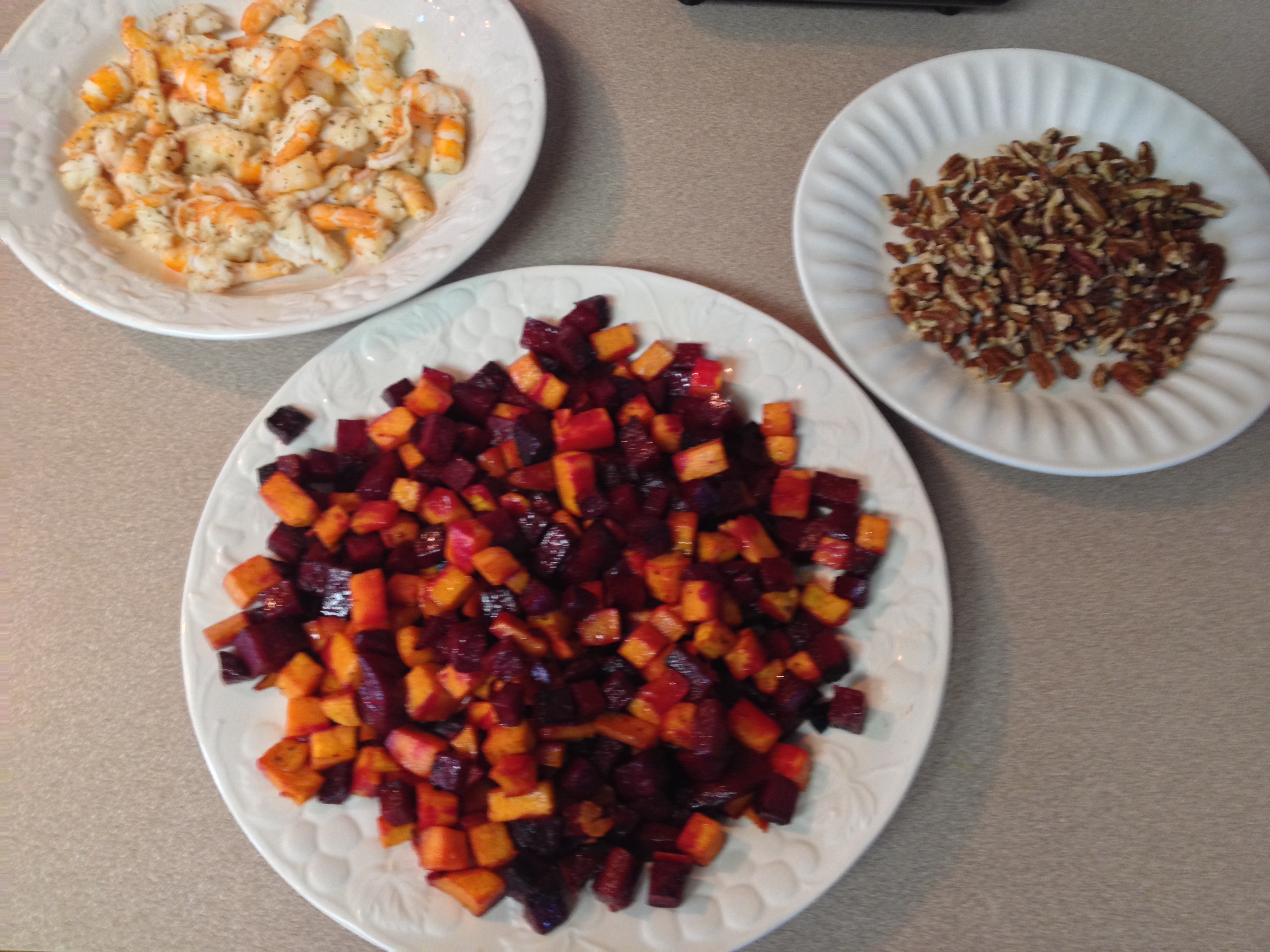 Mixing for the Roasted Beet, Sweet Potato, Mixed Greens and Shrimp Salad.jpg