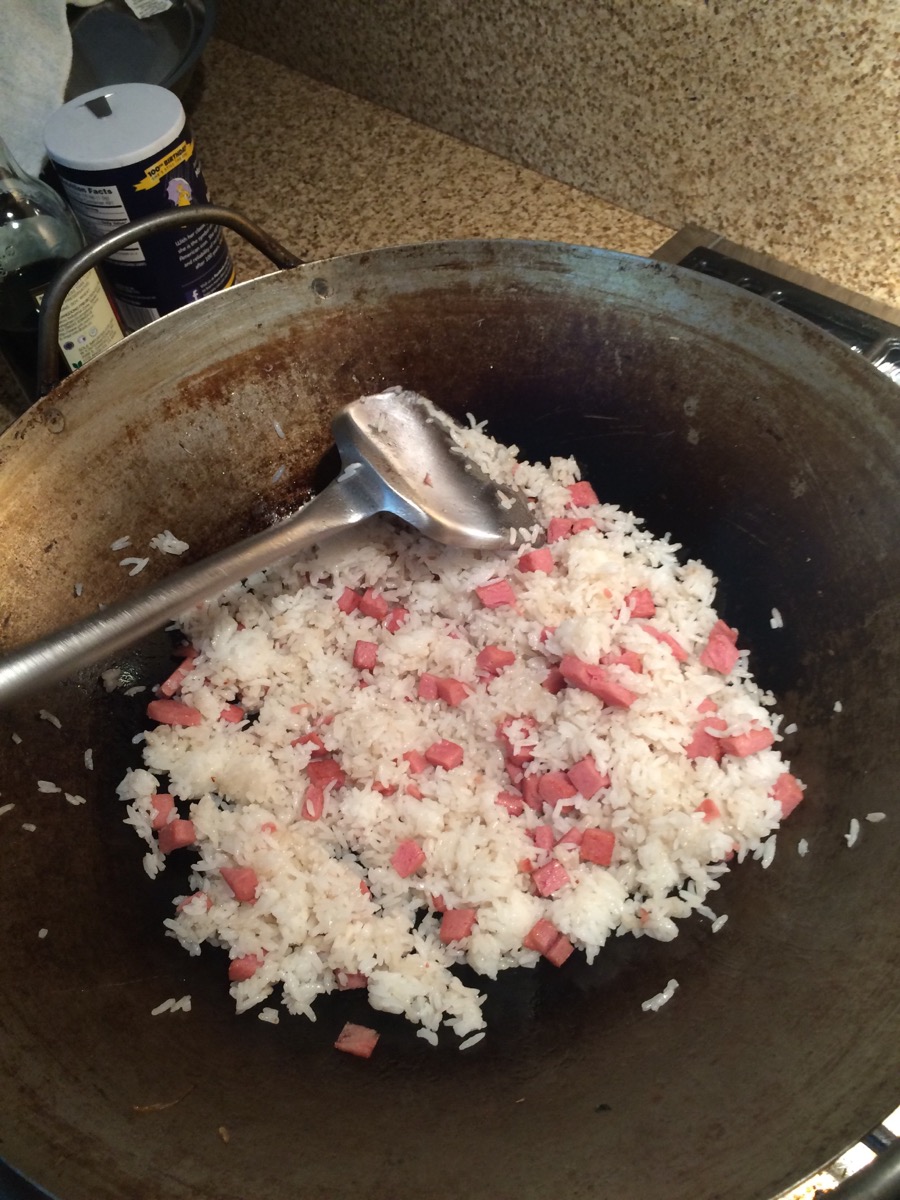 Rice and spam in wok.JPG