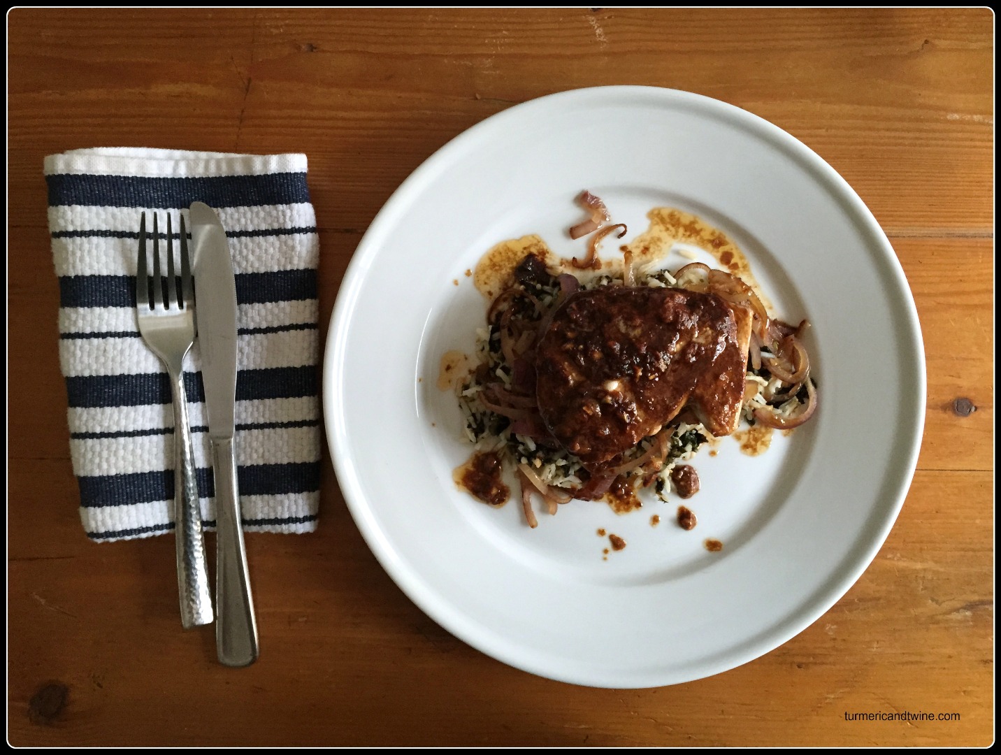 Tamari Butter Dijon Albacore Tuna Steak abed Saffron Seaweed Rice and Golden Onions ready.jpg