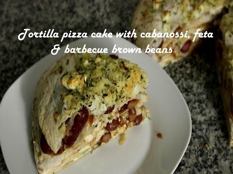 Tortilla pizza cake with cabanossi, feta &amp;amp; barbecue brown beans recipe