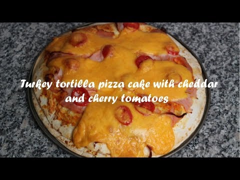 Turkey tortilla pizza cake with cheddar and cherry tomatoes recipe