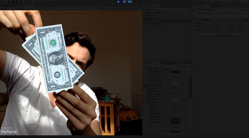 Vuforia Augmented Reality Setup Dollar Bill Test