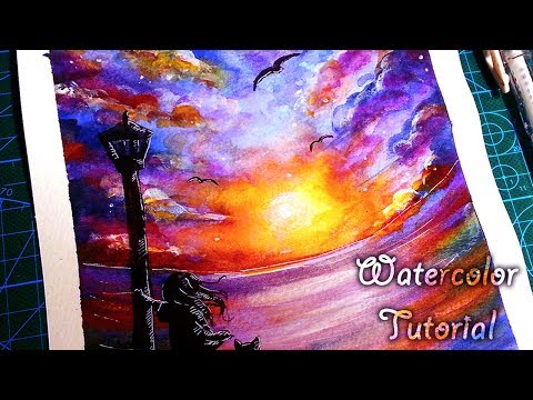 Watercolor Tutorial - How to Paint Sunset with Kid and Friends