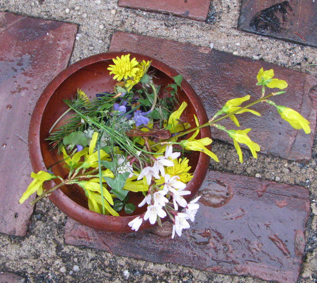 Wooden Bowl of Flowers Leaves -Dutch Dying Eggs 4-15-14.JPG