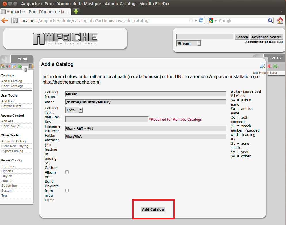 ampache add a catalog with path.png
