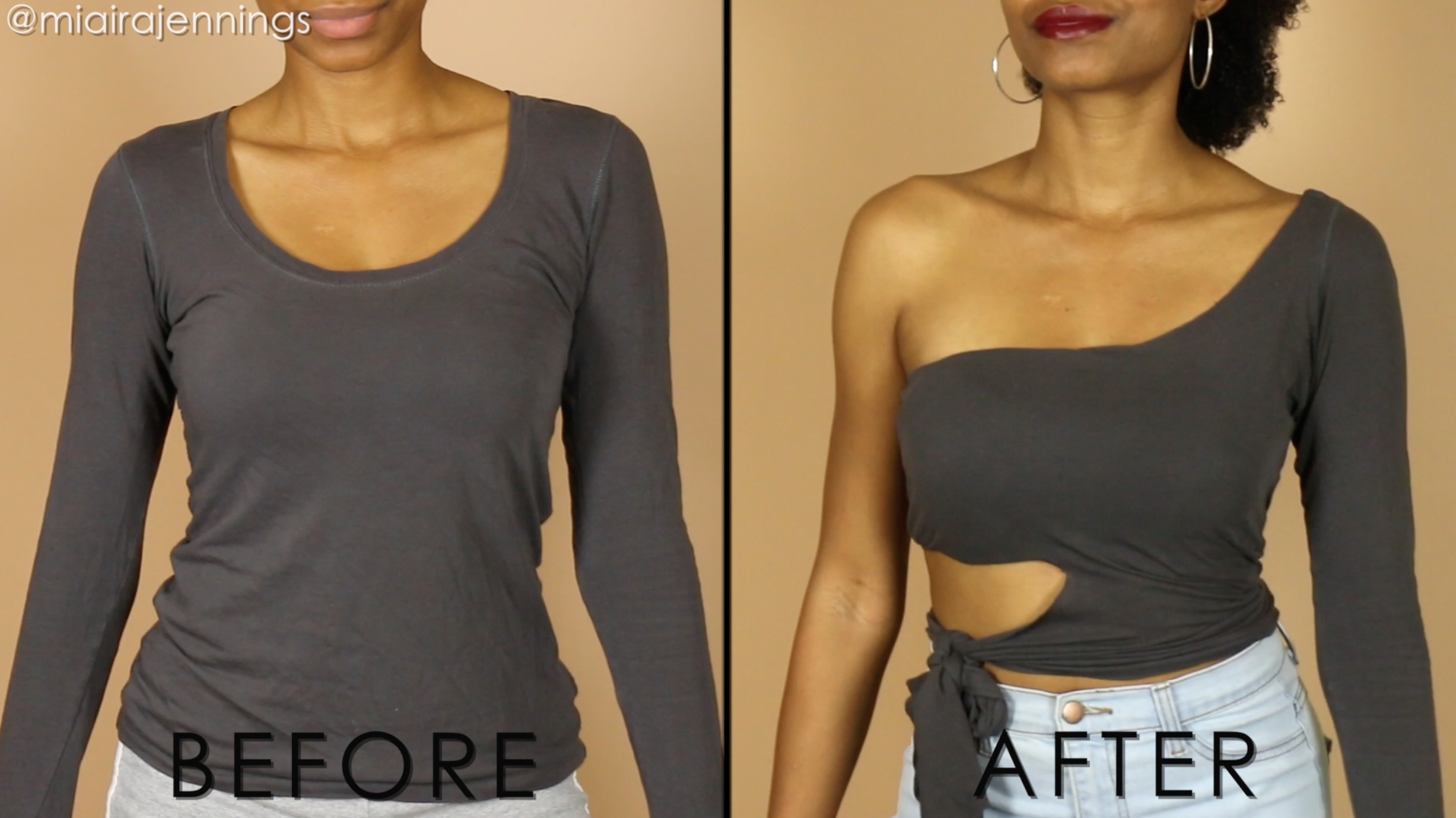 before and after diy one shoulder cut out tie waist crop top no sewing.png