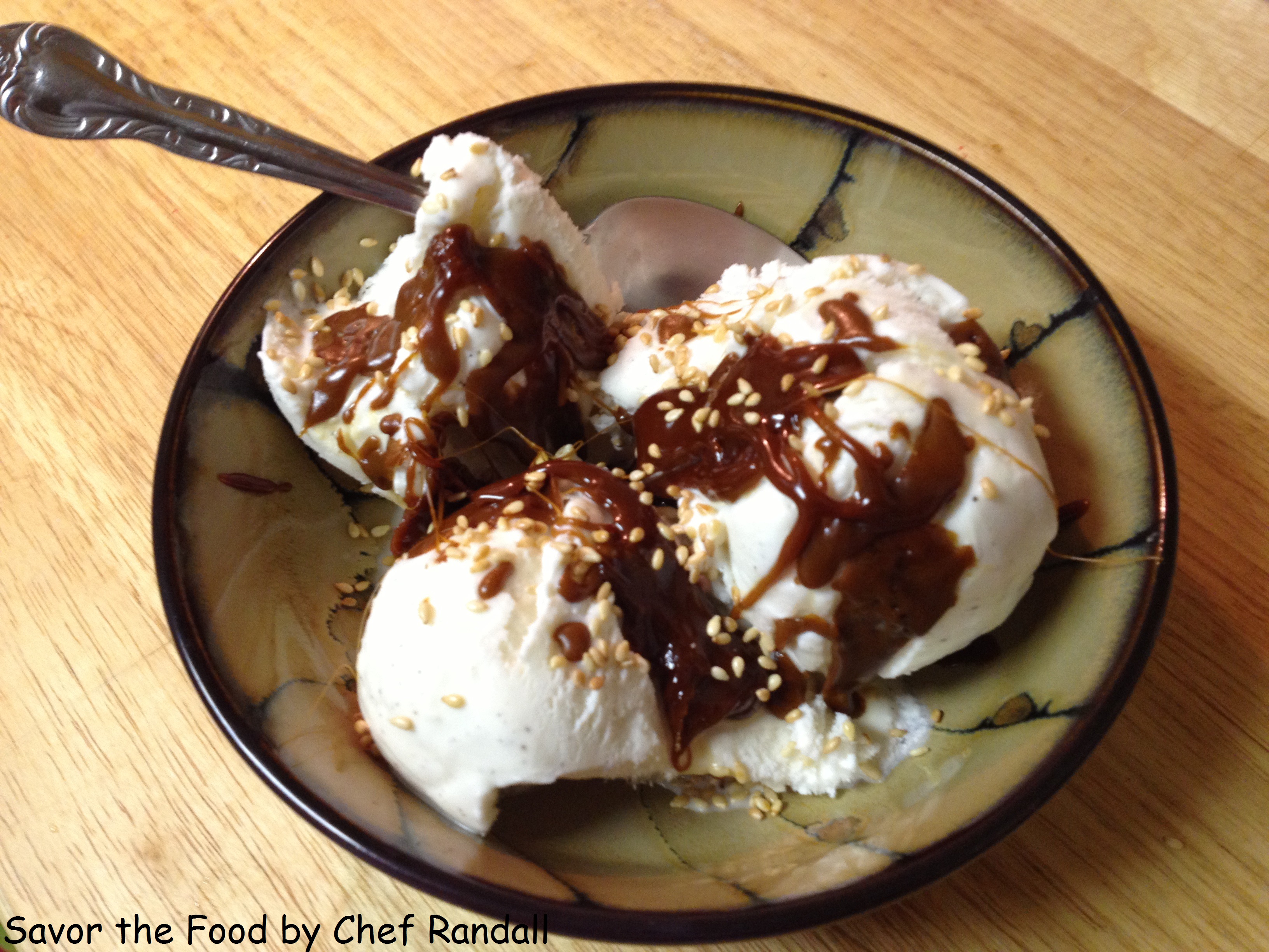 bowl of real vanilla topped with fresh caramel and toasted seasome seeds.JPG