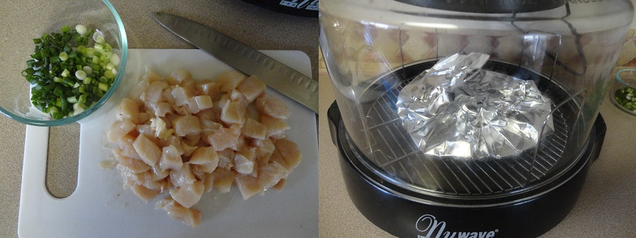 diced cut chicken breast and diced green onions and heating tortillas.JPG