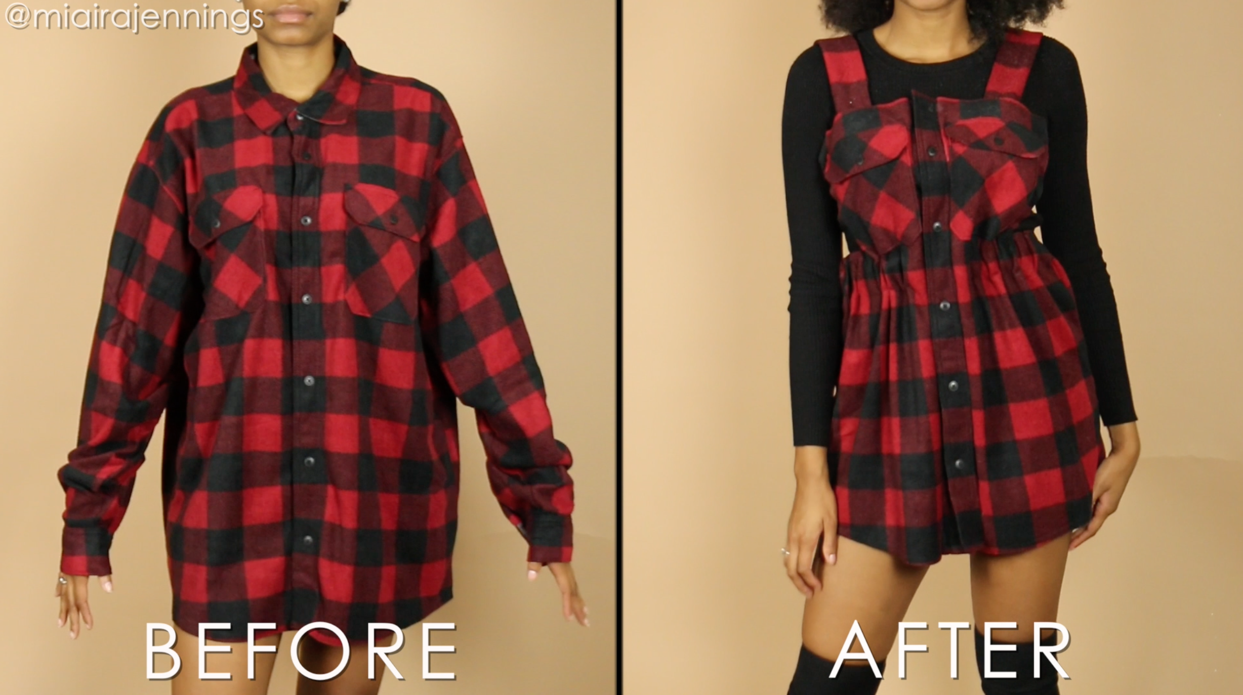 diy overall dress from large flannel no sewing before after.png