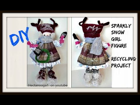 diy- SPARKLY SNOW GIRL DOLL, recycle scrap fabric project, Snow Babe, home made snowman girl doll