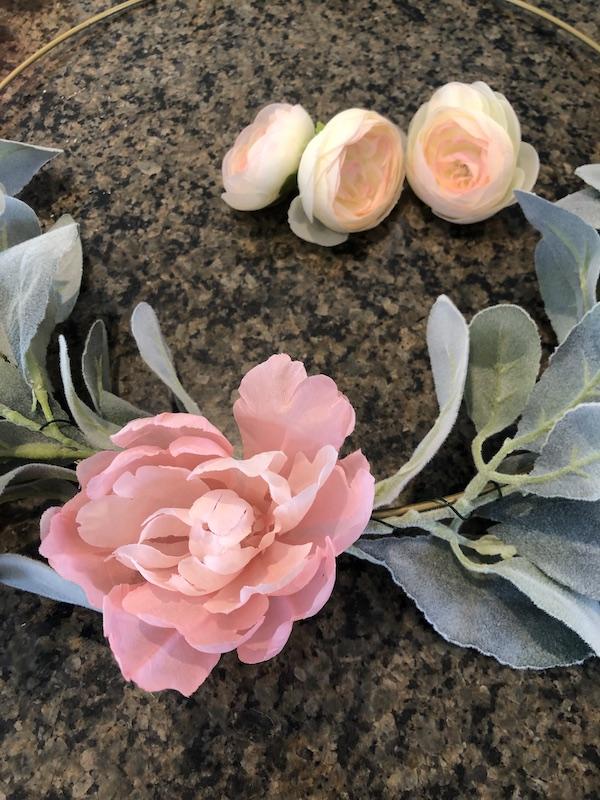 hot glue peony flower and lambs ear on wire hoop .JPG