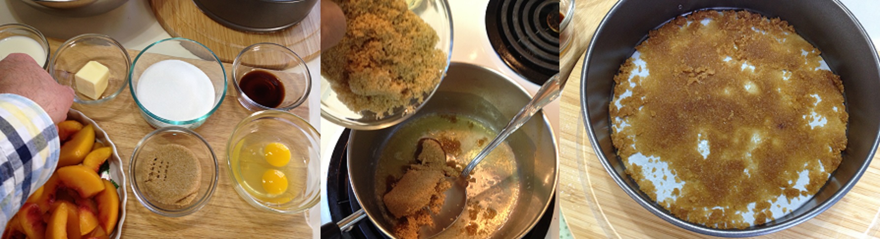 melting butter, adding brown sugar and spreading on bottom of spring form pan.jpg