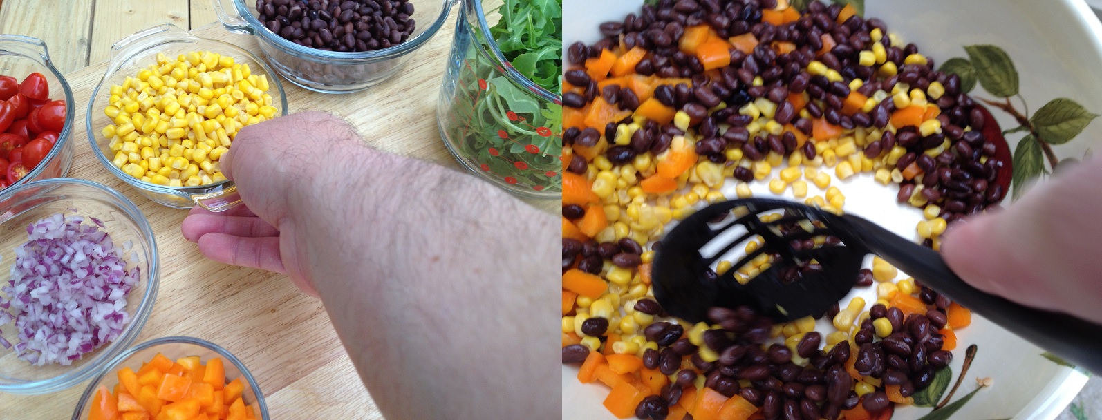 mixing corn, black beans and bell pepper for Smoked turkey Salad.jpg