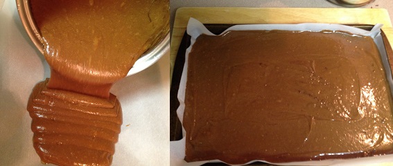 pouring batter on to a lined jelly roll pan and spreading batter out evenly.jpg